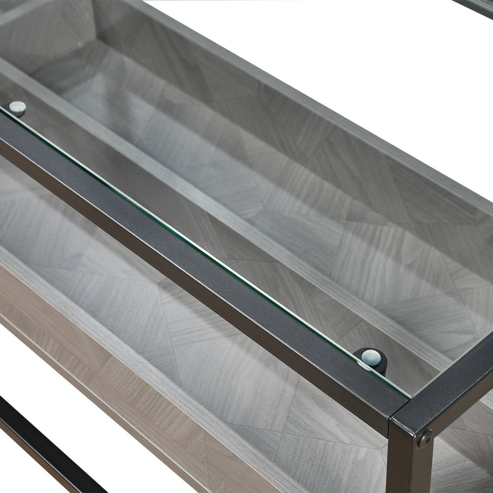 وحدة تلفاز سطح زجاجي ورف تخزين خشبي رمادي 160 سم