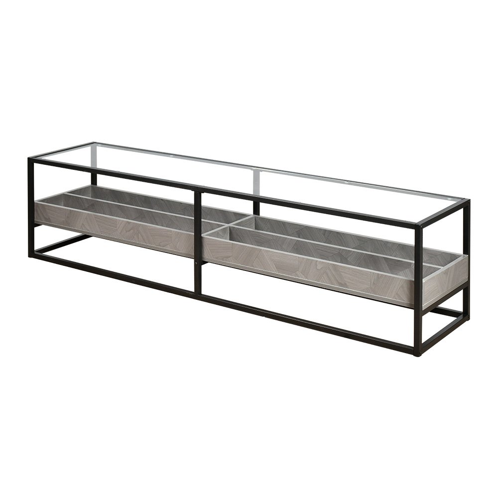 وحدة تلفاز سطح زجاجي ورف تخزين خشبي رمادي 180 سم وحدة تلفاز سطح زجاجي ورف تخزين خشبي رمادي 180 سم