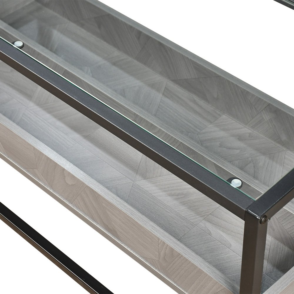 وحدة تلفاز سطح زجاجي ورف تخزين خشبي رمادي 180 سم وحدة تلفاز سطح زجاجي ورف تخزين خشبي رمادي 180 سم