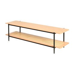 طاولة تلفاز خشب مع رف راتان تصميم بوهيمي عصري