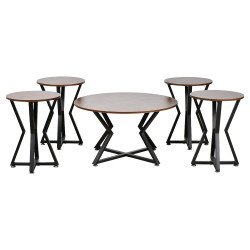 طقم طاولات خدمة 5 قطع خشب بقاعدة معدنية بني طقم طاولات خدمة 5 قطع خشب بقاعدة معدنية بني