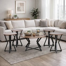 طقم طاولات خدمة 5 قطع خشب بقاعدة معدنية بني طقم طاولات خدمة 5 قطع خشب بقاعدة معدنية بني