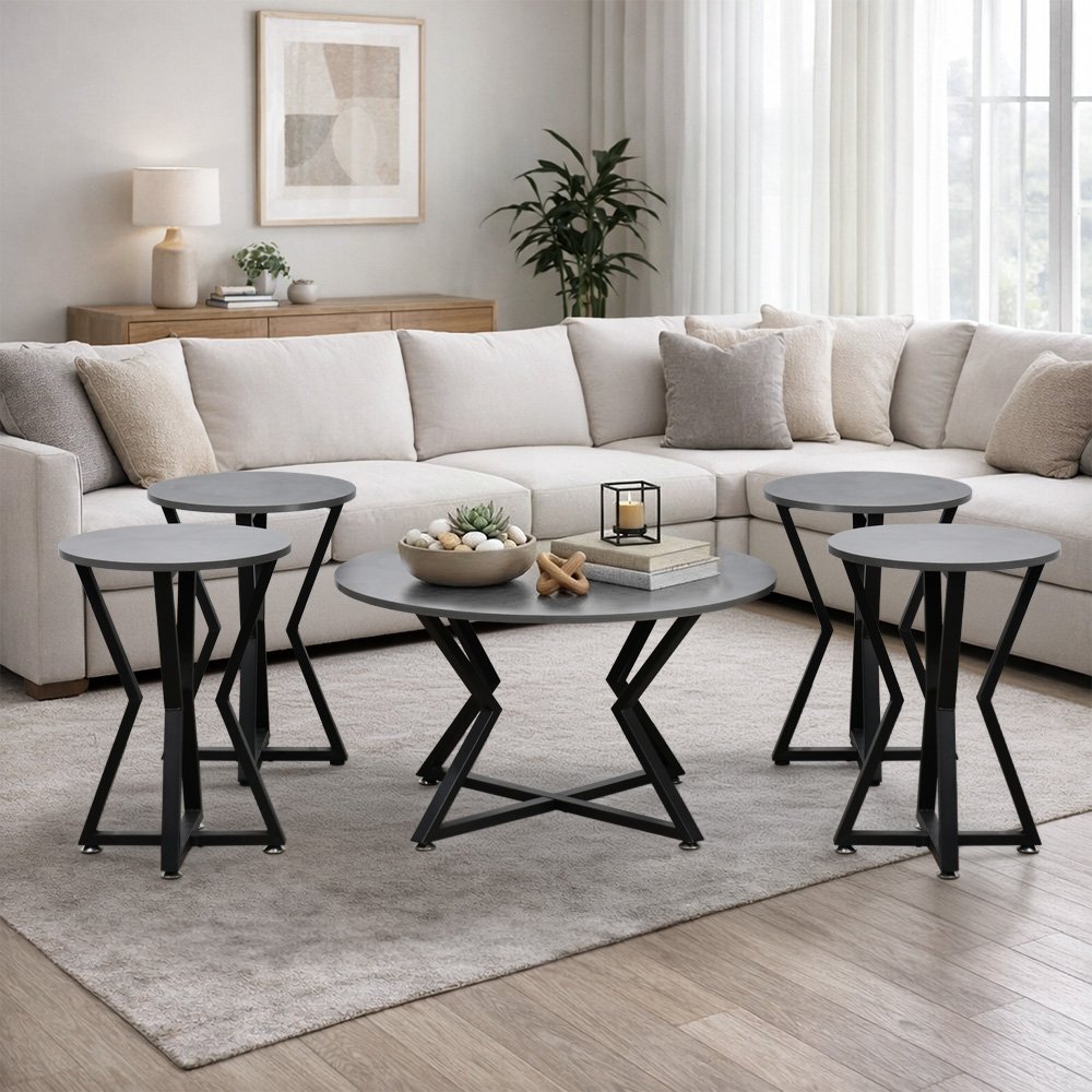 طقم طاولات خدمة 5 قطع خشب بقاعدة معدنية رمادي