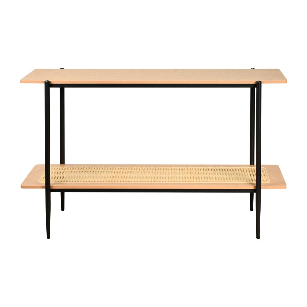 مدخل استقبال خشبي مودرن مع رف راتان بوهيمي عصري