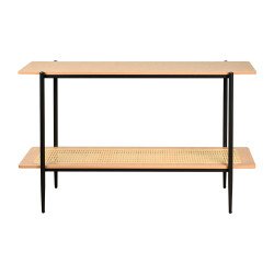 مدخل استقبال خشبي مودرن مع رف راتان بوهيمي عصري