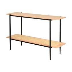 مدخل استقبال خشبي مودرن مع رف راتان بوهيمي عصري