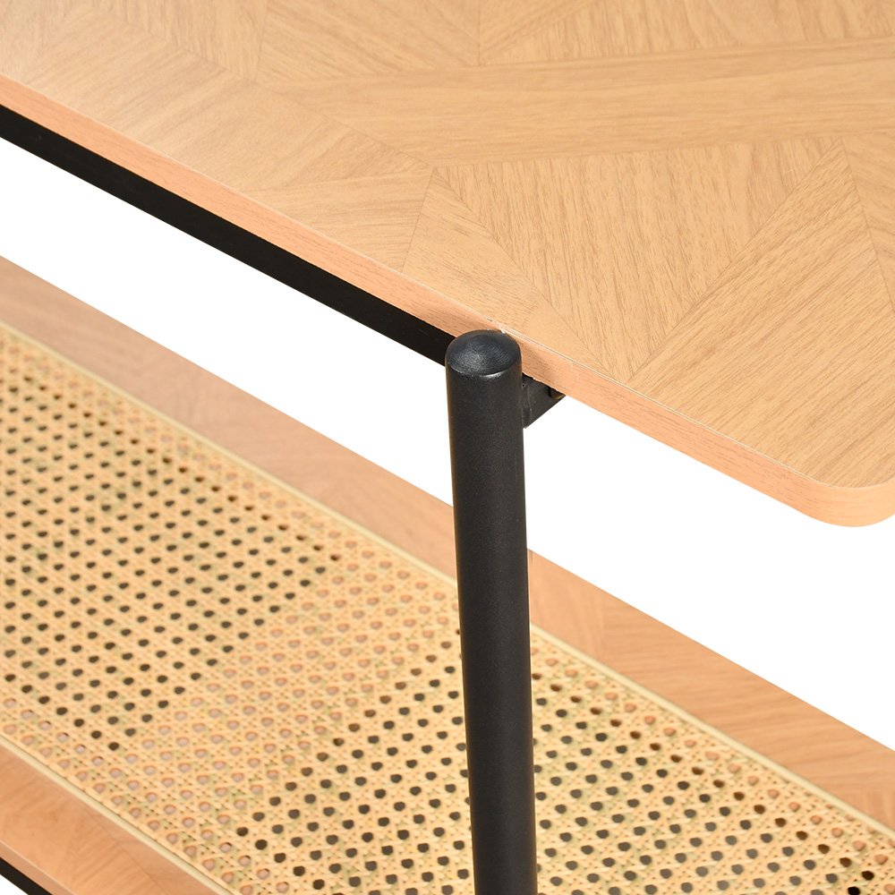 مدخل استقبال خشبي مودرن مع رف راتان بوهيمي عصري