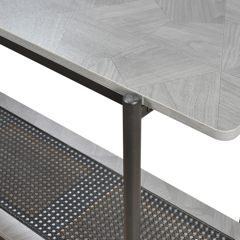 مدخل استقبال خشبي مع رف راتان بوهيمي عصري رمادي