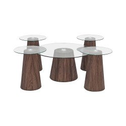 طقم طاولات خدمة 5 قطع خشب بسطح زجاجي بني