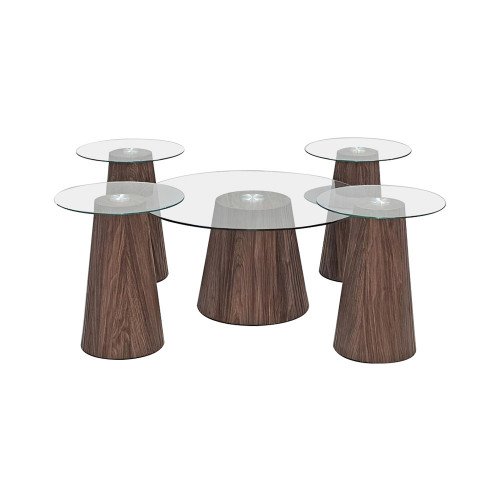 طقم طاولات خدمة 5 قطع خشب بسطح زجاجي بني