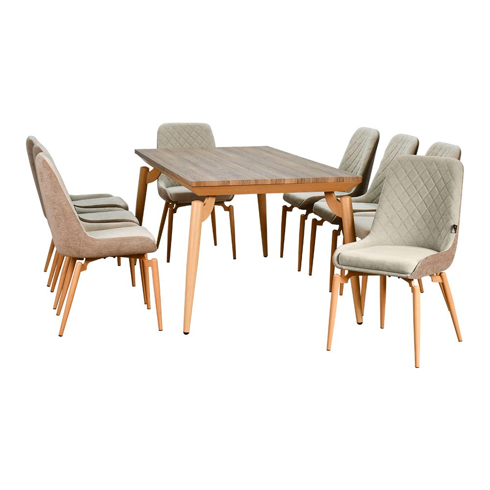 طاولة طعام خشب بأرجل معدنية 8 كراسي بيج