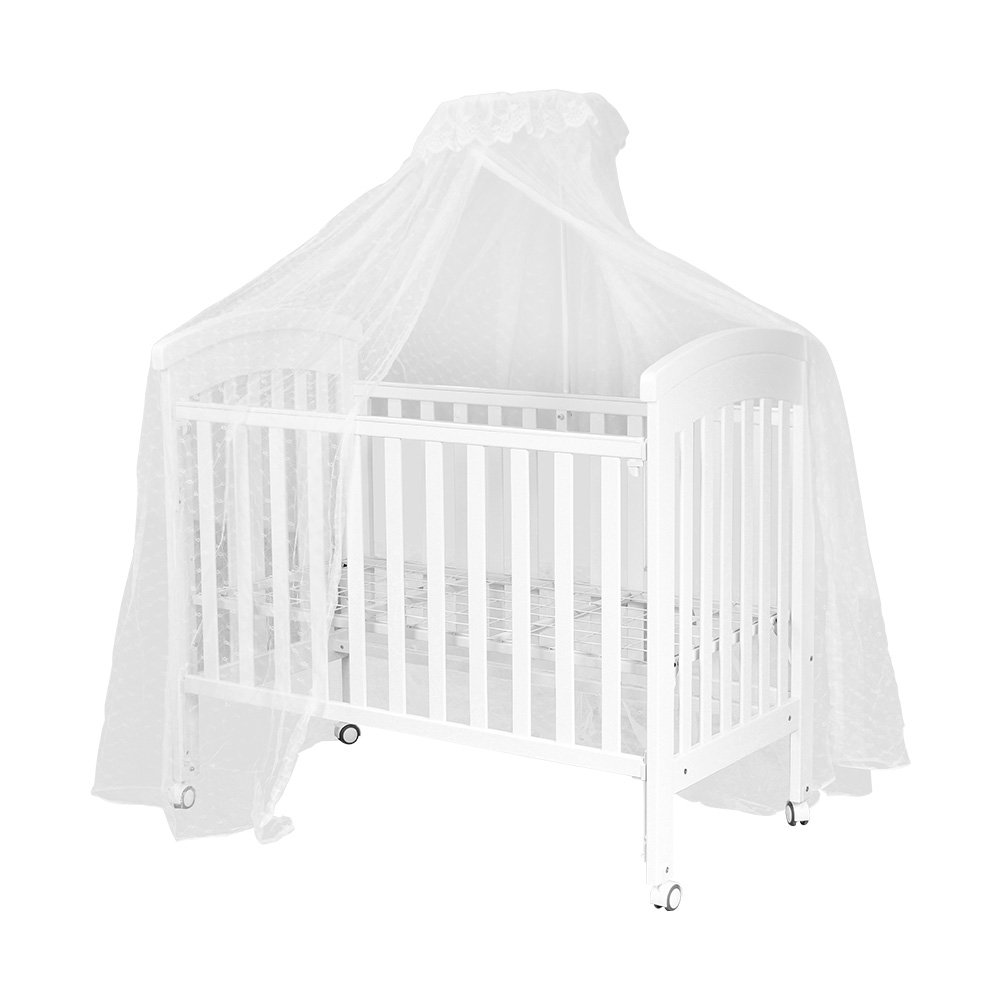 سرير أطفال خشبي بناموسية مع تخزين عملي أبيض