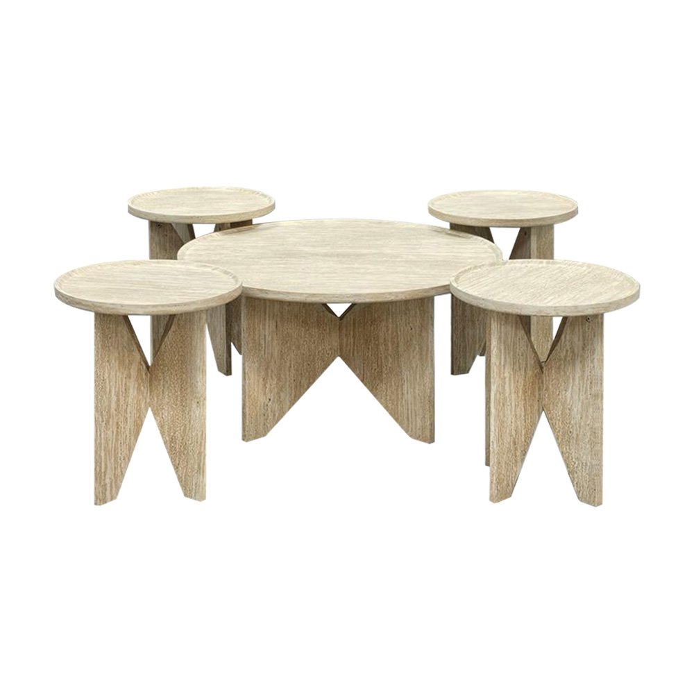 طقم طاولات خدمة مودرن خشبي 5 قطع بيج