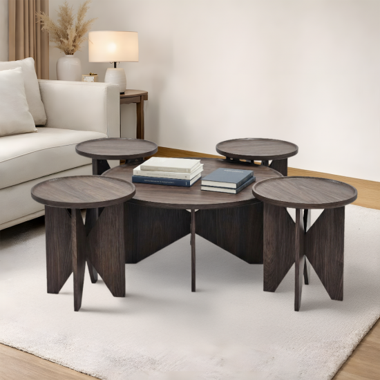 طقم طاولات خدمة مودرن خشبي 5 قطع بني طقم طاولات خدمة مودرن خشبي 5 قطع بني