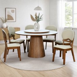 طاولة طعام فاخرة سطح دوار رخام صناعي 6 كراسي جلد