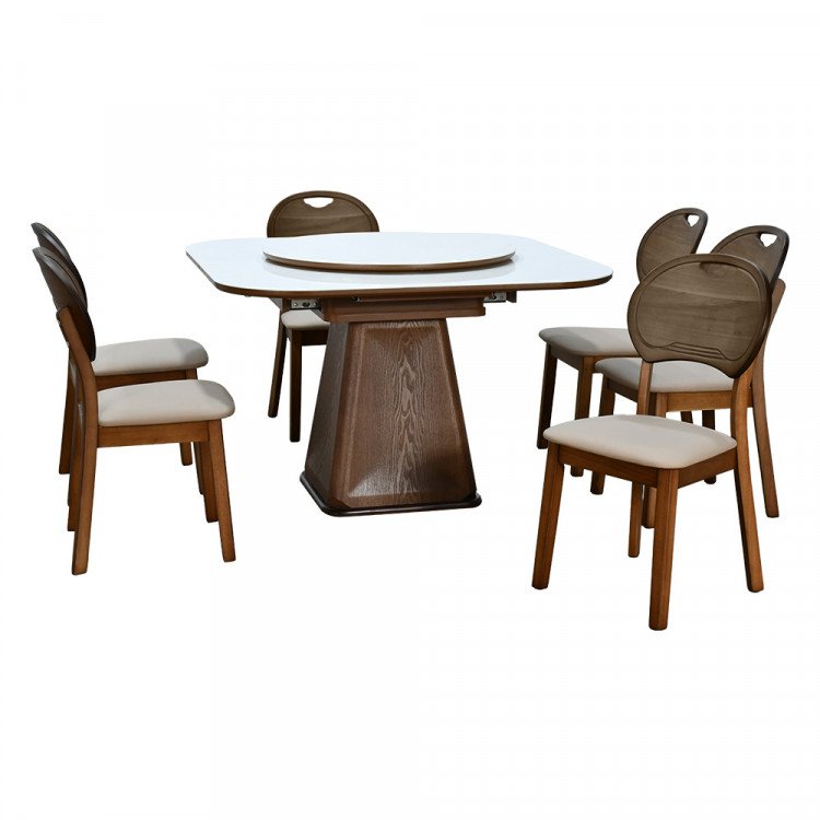 طاولة طعام رخام صناعي دوارة قابلة للتمدد 6 كراسي