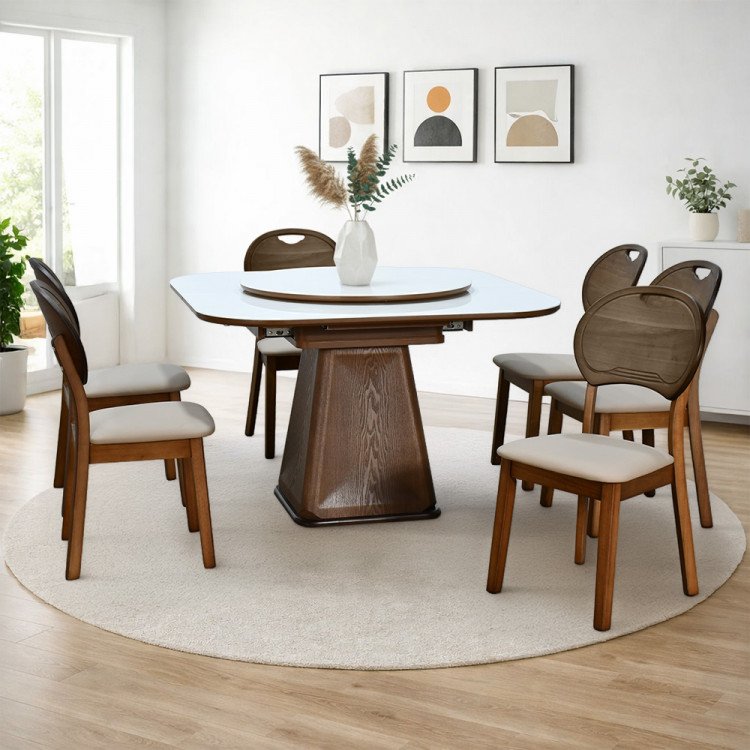 طاولة طعام رخام صناعي دوارة قابلة للتمدد 6 كراسي