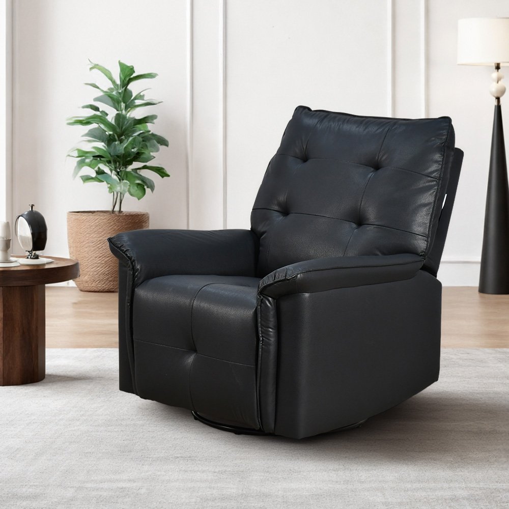 كرسي استرخاء فخم هزار دوار جلد بتصميم عصري أسود