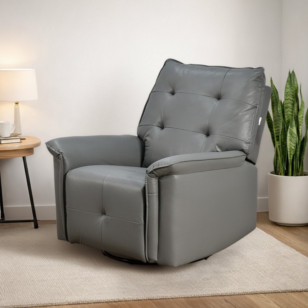 كرسي استرخاء فخم هزار دوار جلد بتصميم عصري رمادي