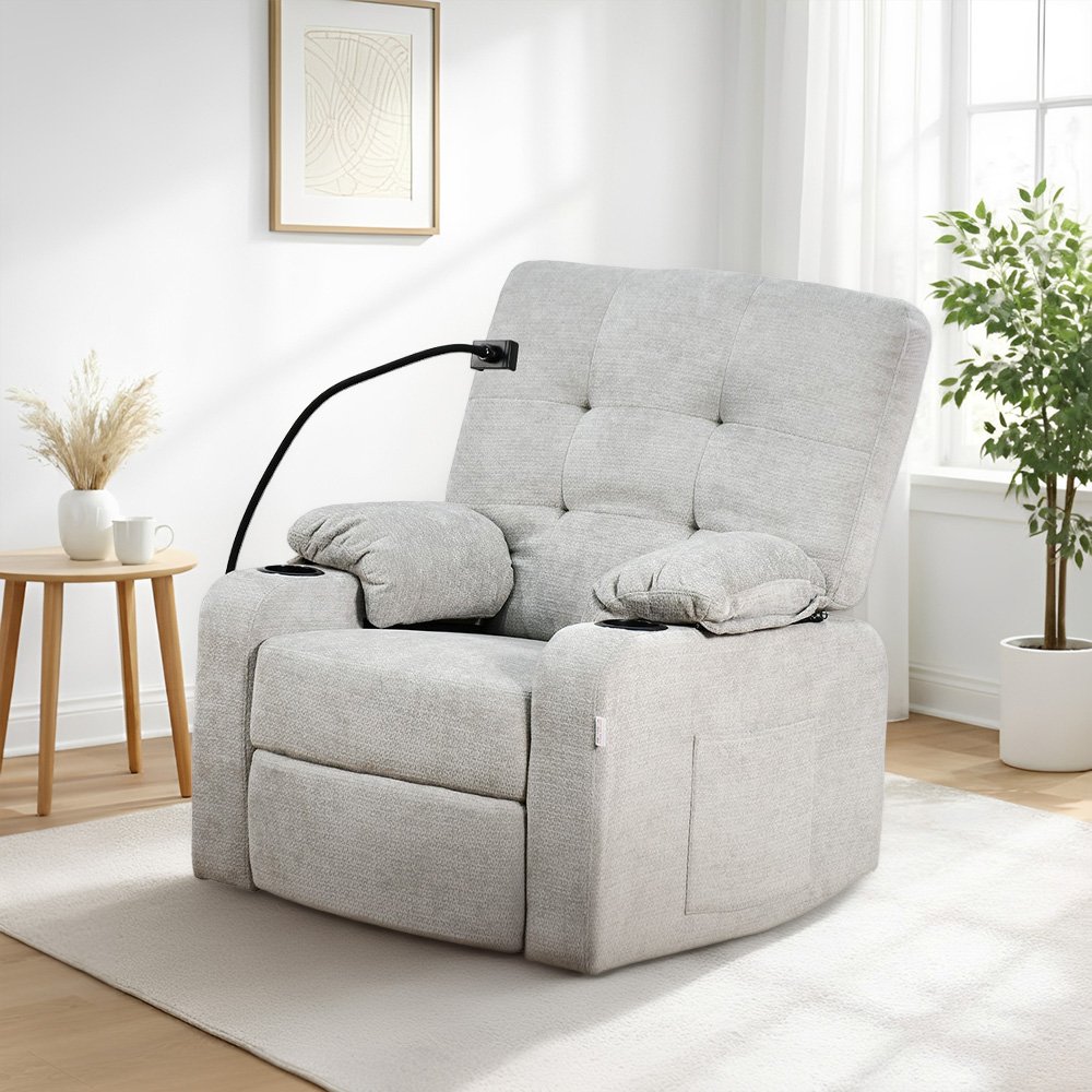 كرسي استرخاء فخم هزاز دوار بحامل جوال رمادي فاتح كرسي استرخاء فخم هزاز دوار بحامل جوال رمادي فاتح