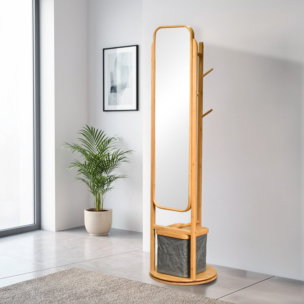 مرآة استاند بهيكل خشبي مع علاقة ملابس وسلة تخزين مرآة استاند بهيكل خشبي مع علاقة ملابس وسلة تخزين