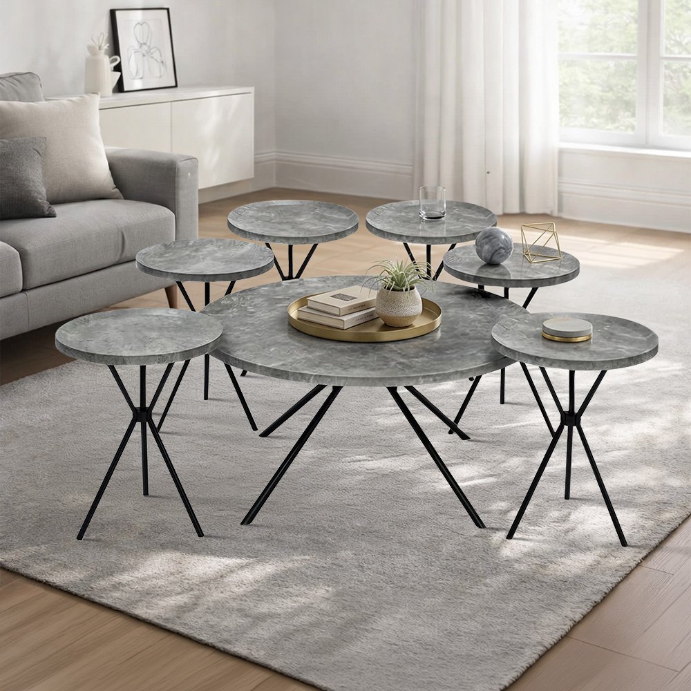 طقم طاولات خدمة 7 قطع خشبي بأرجل معدنية رمادي طقم طاولات خدمة 7 قطع خشبي بأرجل معدنية رمادي