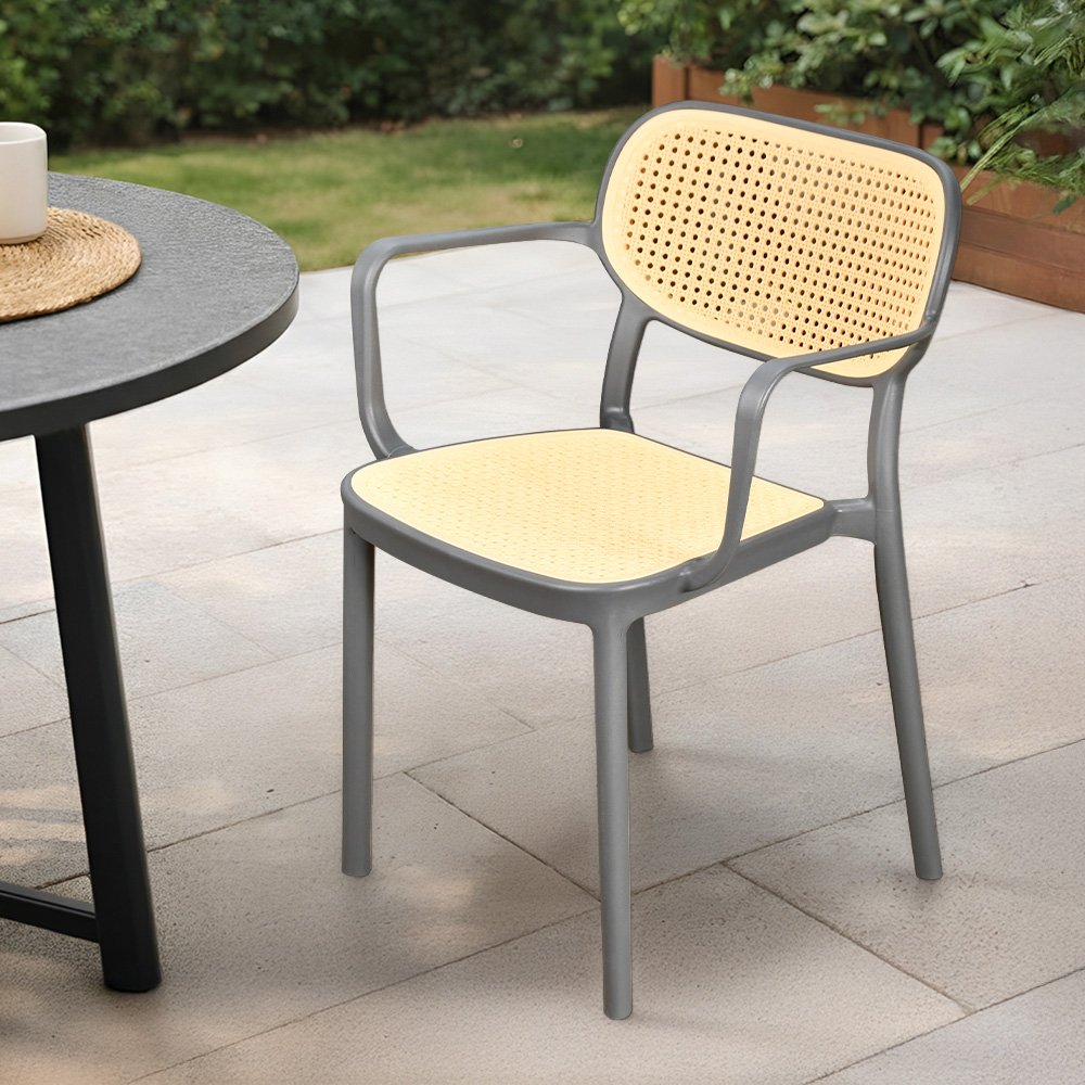 كرسي مفرد خارجي بلاستيك وراتان رمادي