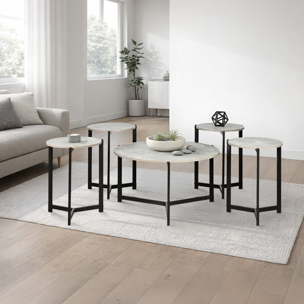 طقم طاولات خدمة خشب 5 قطع بأرجل معدنية رمادي