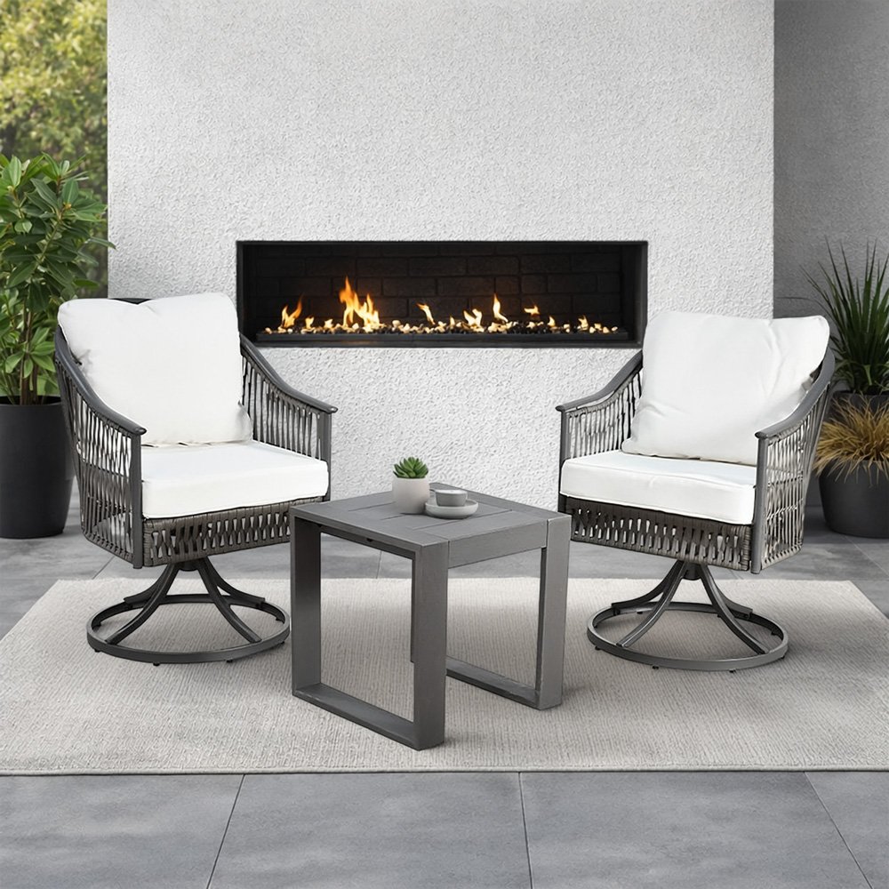 جلسة خارجية 2 مقعد دوار راتان وطاولة رمادي جلسة خارجية 2 مقعد دوار راتان وطاولة رمادي