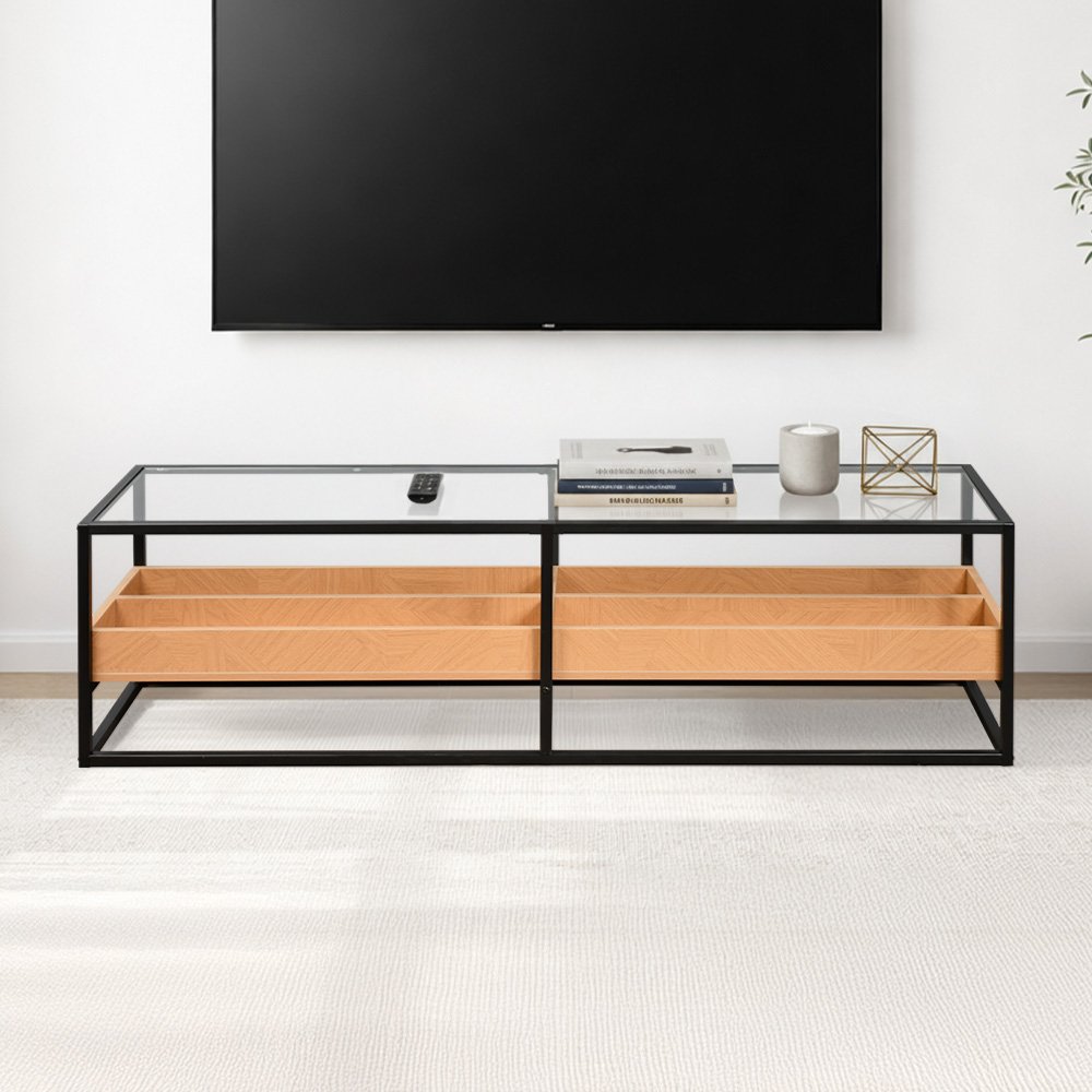 وحدة تلفاز سطح زجاجي ورف تخزين خشبي 160 سم وحدة تلفاز سطح زجاجي ورف تخزين خشبي 160 سم