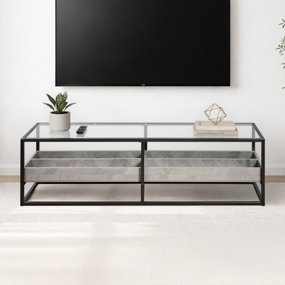 وحدة تلفاز سطح زجاجي ورف تخزين خشبي رمادي 160 سم