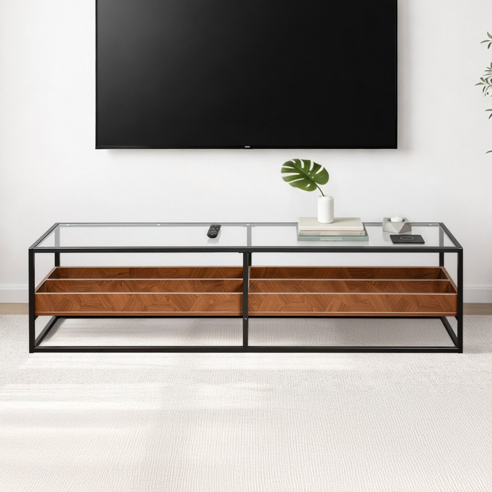 وحدة تلفاز سطح زجاجي ورف تخزين خشبي بني 180 سم