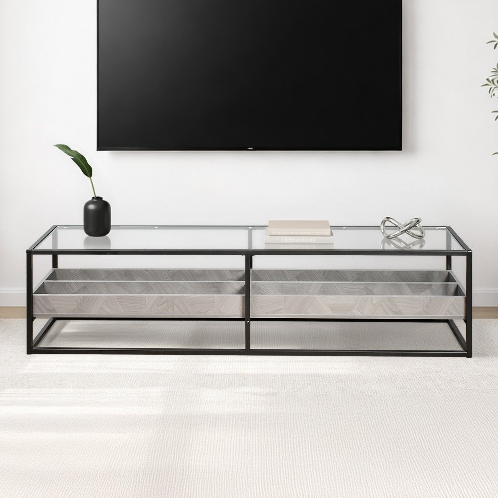 وحدة تلفاز سطح زجاجي ورف تخزين خشبي رمادي 180 سم