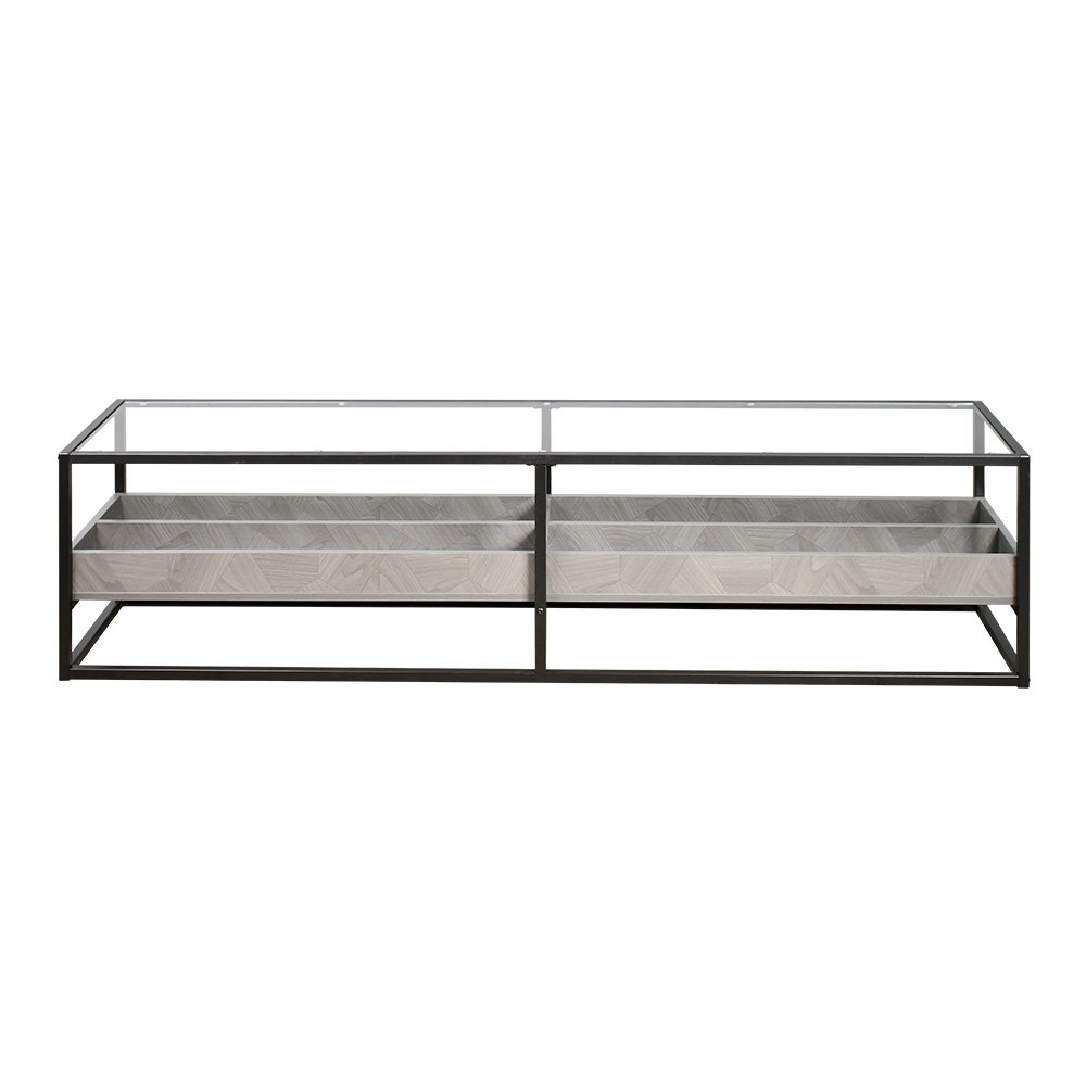 وحدة تلفاز سطح زجاجي ورف تخزين خشبي رمادي 180 سم