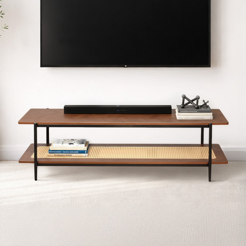 وحدة تلفاز خشب مع رف راتان بوهيمي عصري بني 160 سم وحدة تلفاز خشب مع رف راتان بوهيمي عصري بني 160 سم