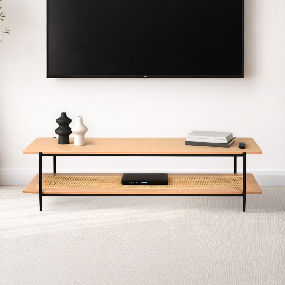 وحدة تلفاز خشب مع رف راتان بوهيمي عصري 180 سم