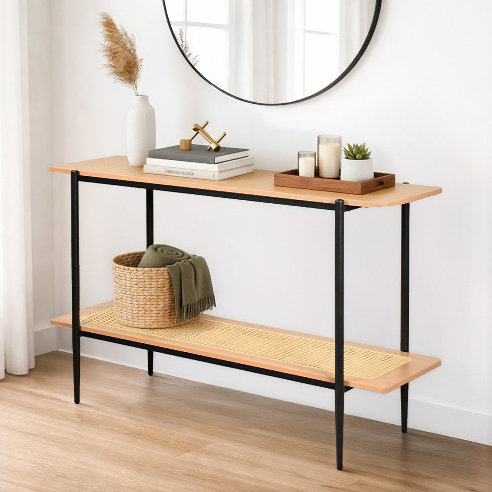 مدخل استقبال خشبي مودرن مع رف راتان بوهيمي عصري مدخل استقبال خشبي مودرن مع رف راتان بوهيمي عصري