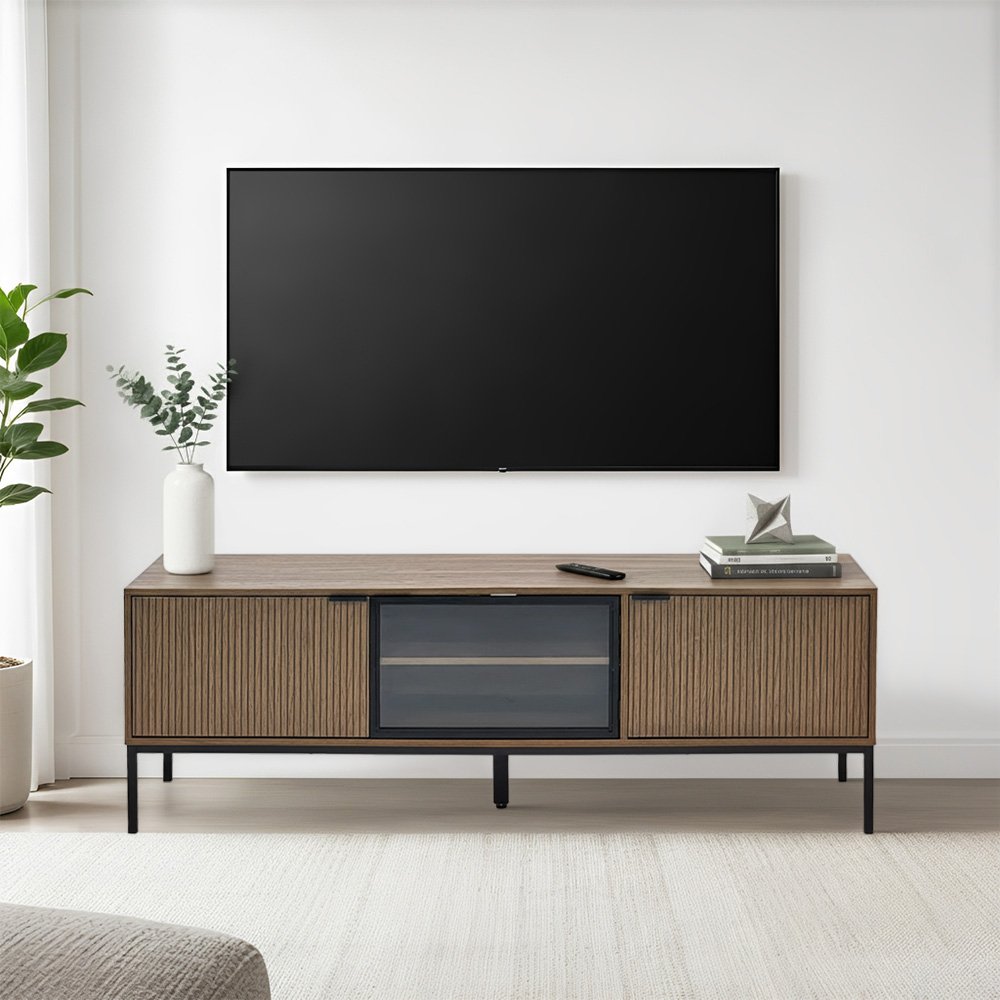 وحدة تلفاز مودرن خشبية عصرية مع باب زجاجي 160 سم