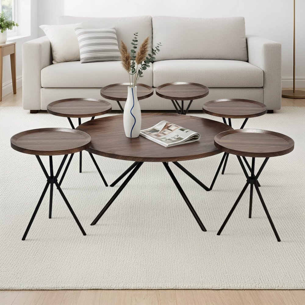 طقم طاولات خدمة خشب 7 قطع بأرجل معدنية بني