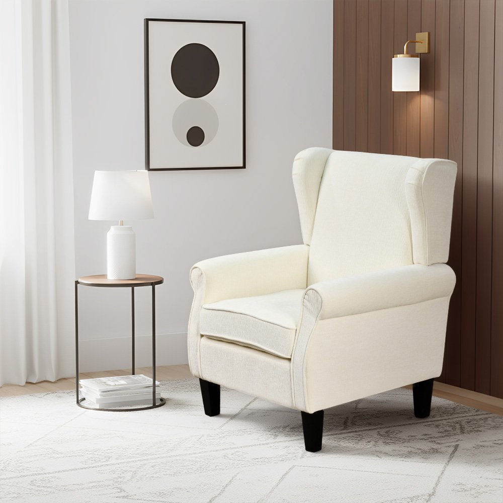 كرسي مفرد فخم قماش بهيكل خشبي مودرن أوف وايت