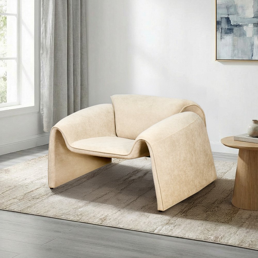 كرسي مفرد مودرن قماشي بهيكل خشبي بيج