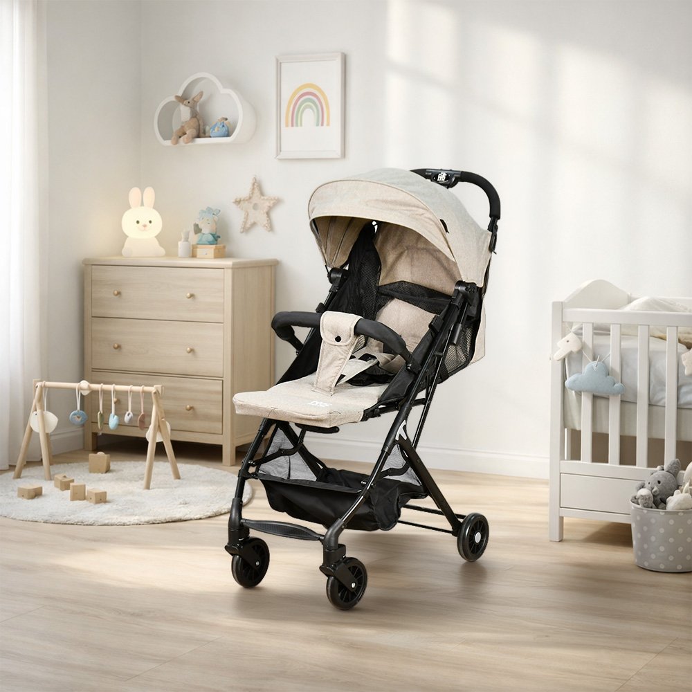 عربة أطفال قابلة للطي قماش بهيكل معدني بيج