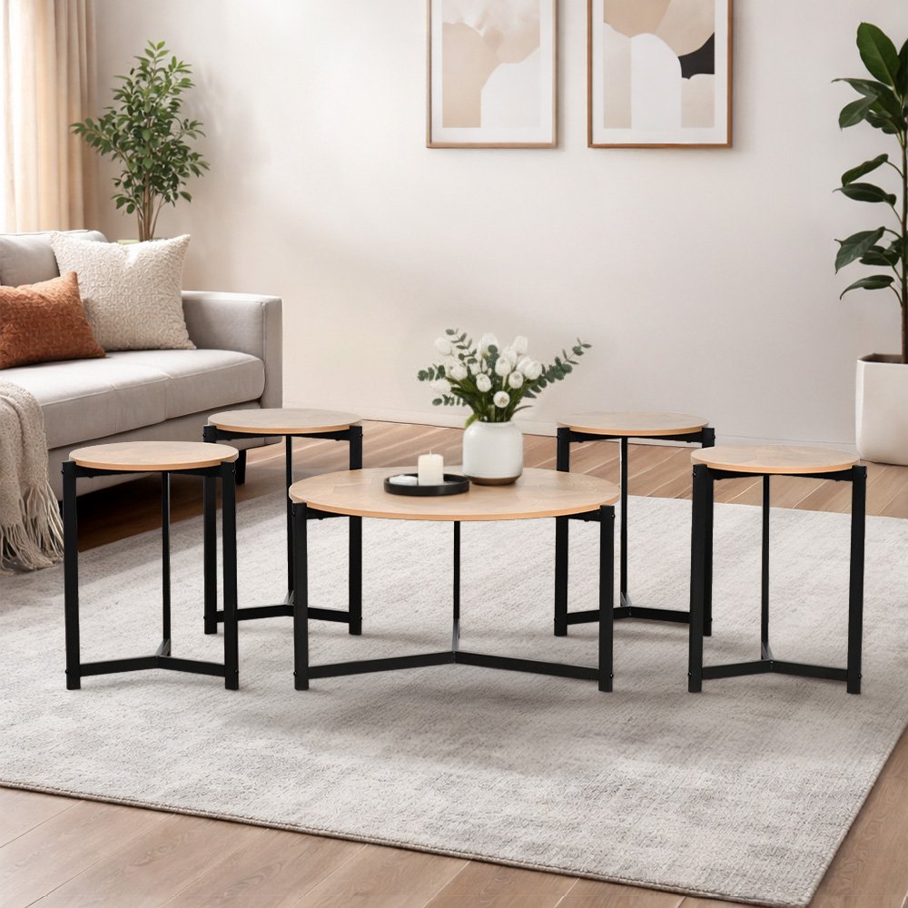 طقم طاولات خدمة 5 قطع خشبي بأرجل معدنية