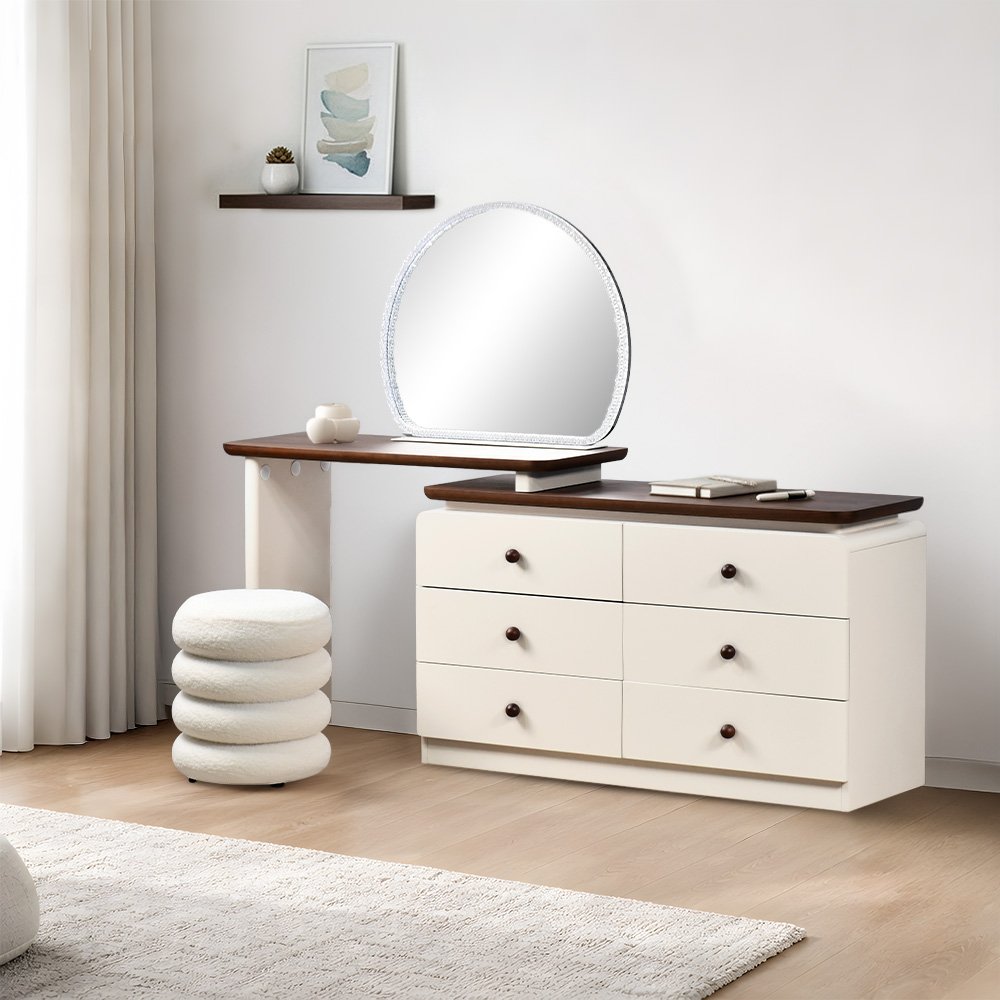 طاولة زينة مودرن خشبية 6 أدراج بمرآة مضيئة مع مقعد