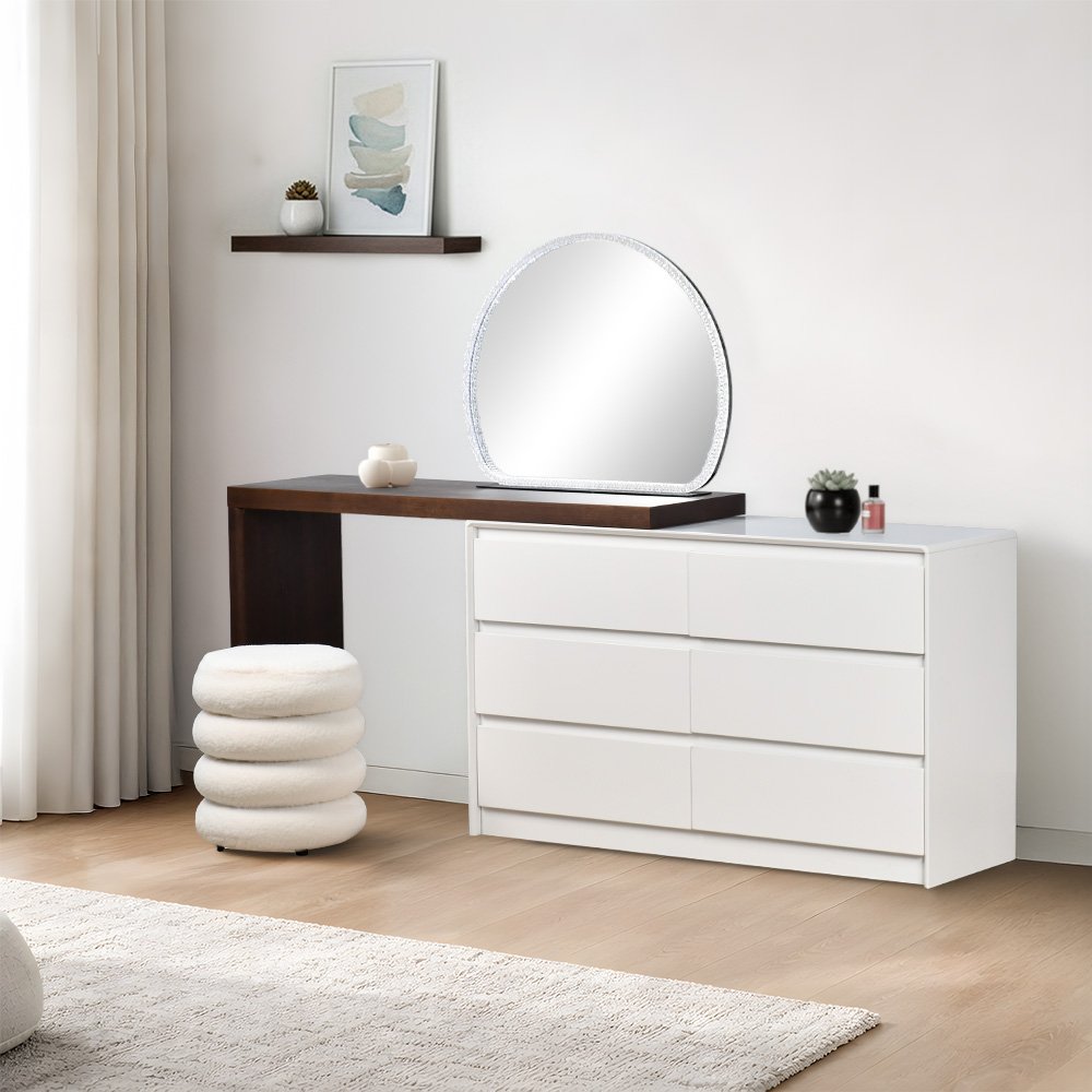 طاولة زينة مودرن خشبية 6 أدراج بمرآة مضيئة مع مقعد طاولة زينة مودرن خشبية 6 أدراج بمرآة مضيئة مع مقعد