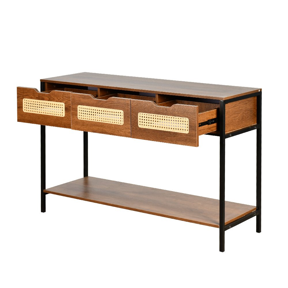 مدخل استقبال خشبي 2 دور بهيكل معدني مع أدراج بني