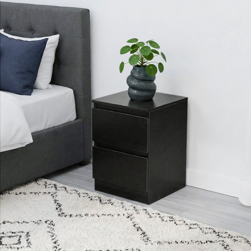 طاولة سرير جانبية خشب بـ 2 درج عملي أسود طاولة سرير جانبية خشب بـ 2 درج عملي أسود