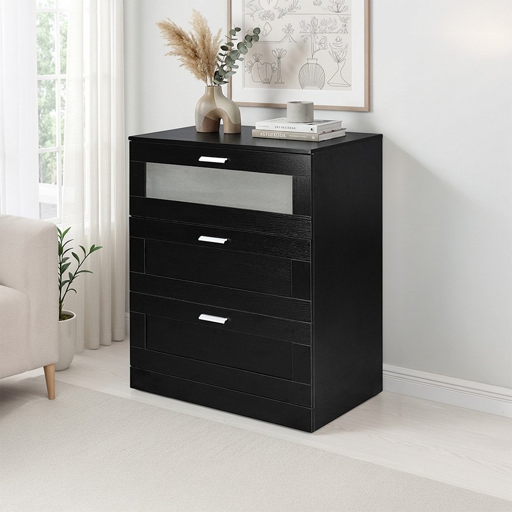 خزانة خشب مع زجاج بـ 3 أدراج أسود 95×78 سم