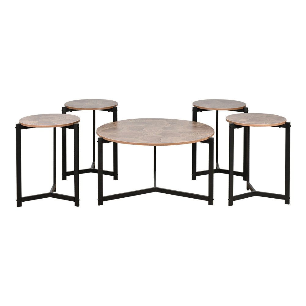 طقم طاولات خدمة خشب 5 قطع بأرجل معدنية بني