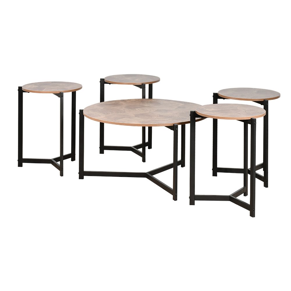 طقم طاولات خدمة خشب 5 قطع بأرجل معدنية بني